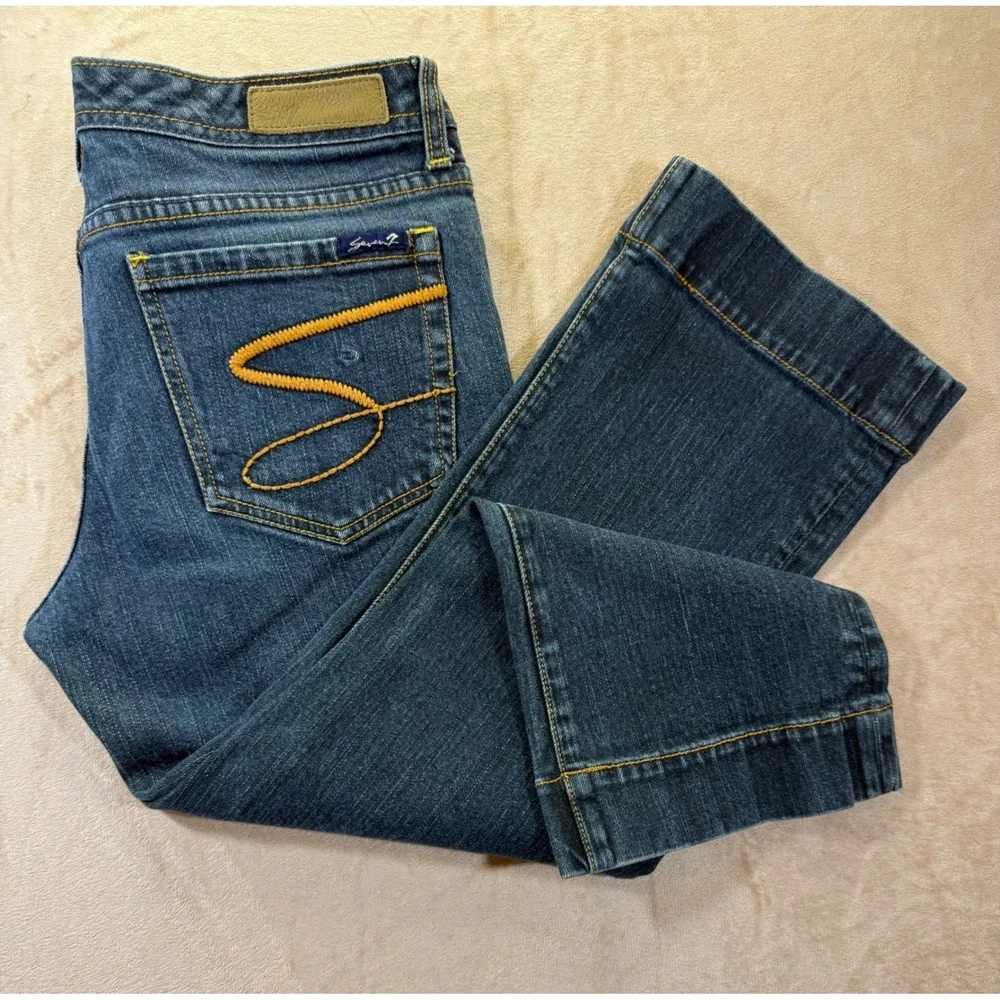 Seven7 Premium Womens Capri Jeans Dark Wash Embroidered Pocket Size 32